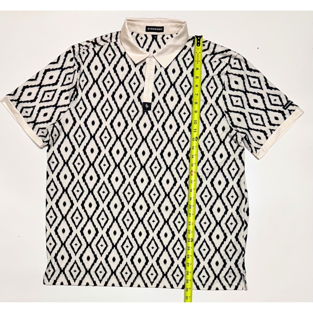Byrdgang Mens XL Performance Polo Shirt Diamond Ikat Geometric Black White Golf